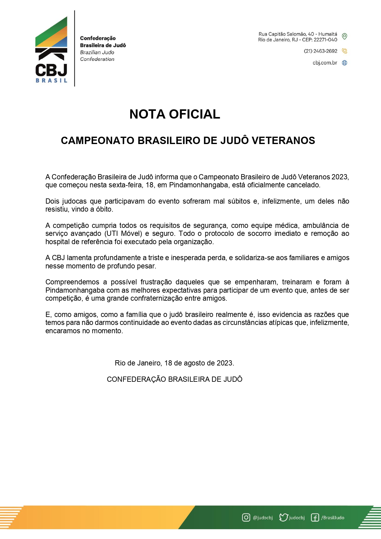 CBJ Comunicado: Nota oficial sobre brasileiro veteranos.